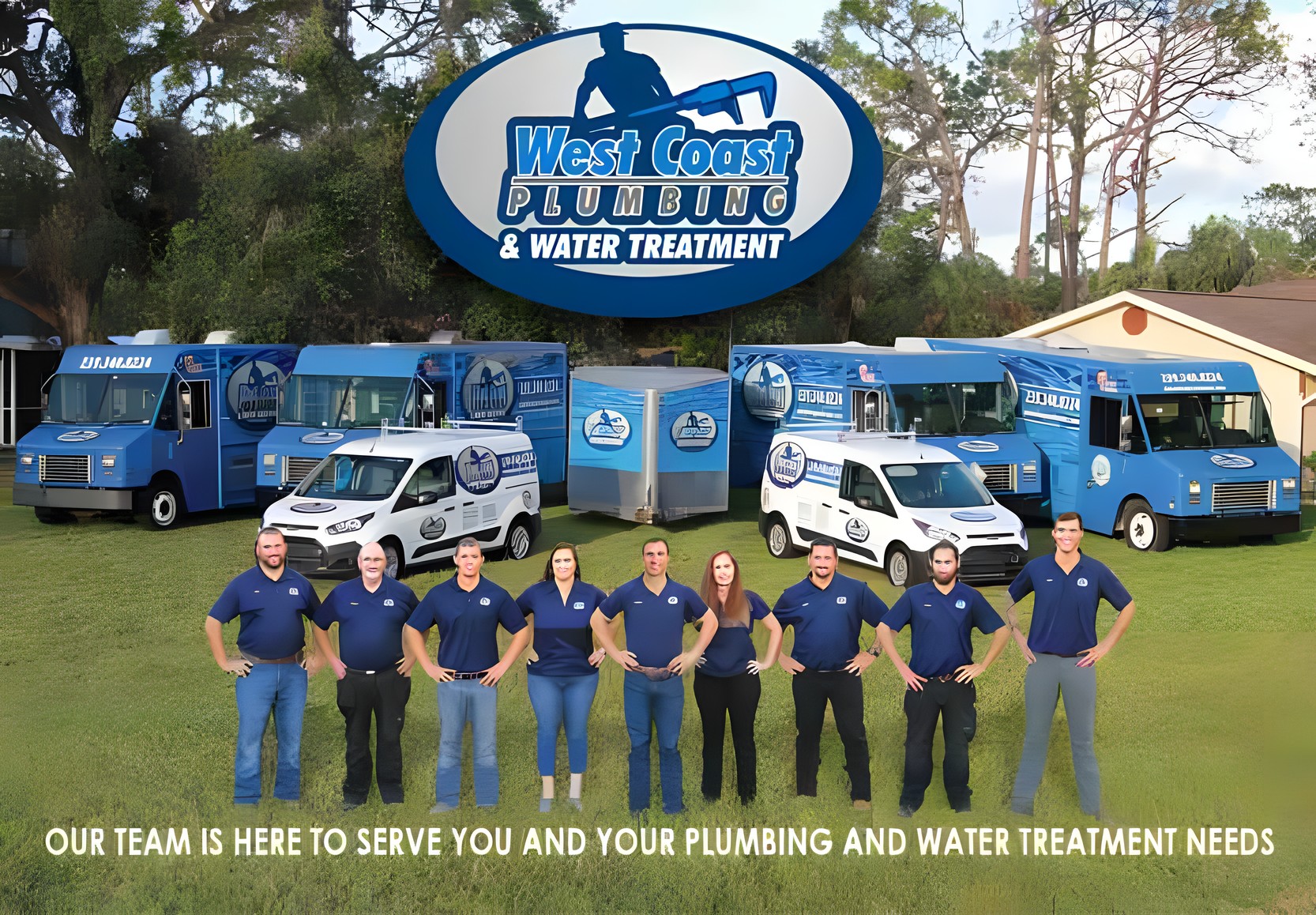 The West Coast Plumbing & Water Treatment team standing in front of their service truck and van fleet