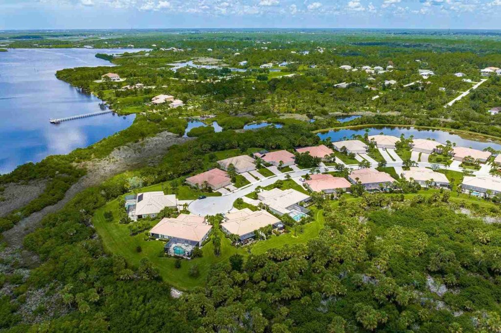 Aerial view of a waterfront neighbourhood beside the harbour at Port Charlotte, Florida