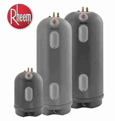 Three Rheem tank water heaters shown side by side in different capacities