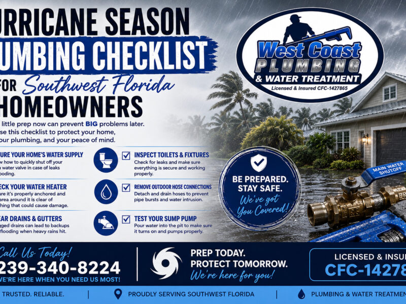 Hurricane season plumbing checklist for Southwest Florida homeowners from West Coast Plumbing and Water Treatment, licensed CFC-1427865, call 239-340-8224