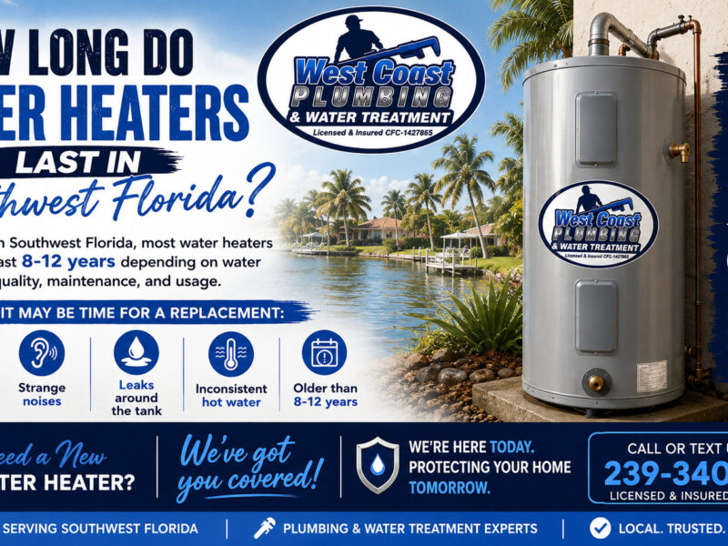 How long do water heaters last in Southwest Florida infographic from West Coast Plumbing and Water Treatment, average lifespan 8 to 12 years, licensed CFC-1427865, call 239-340-8224